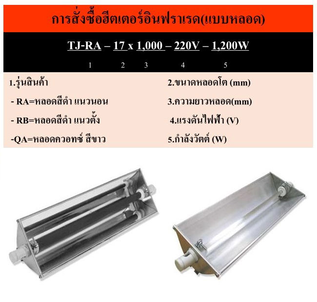 ตัวอย่างหลอดฮีตเตอร์อินฟราเรดและขั้วต่อ