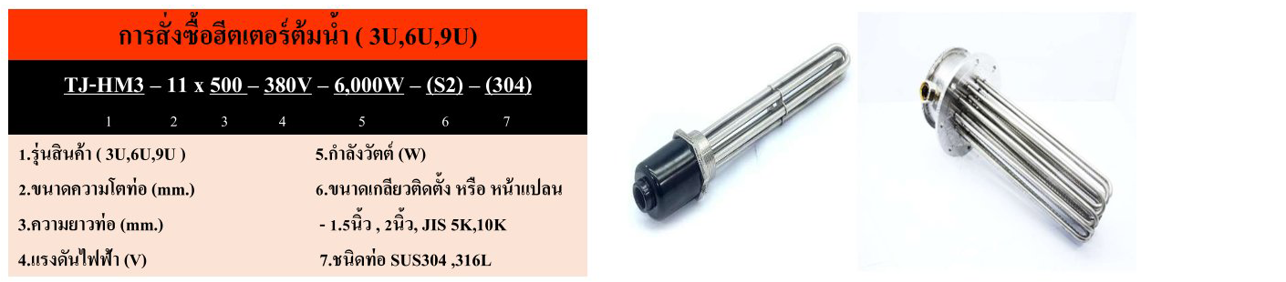 ตัวอย่างการระบุสเปกฮีตเตอร์ รุ่น ขนาดท่อ ความยาว แรงดัน กำลังวัตต์ และชนิดเกลียว